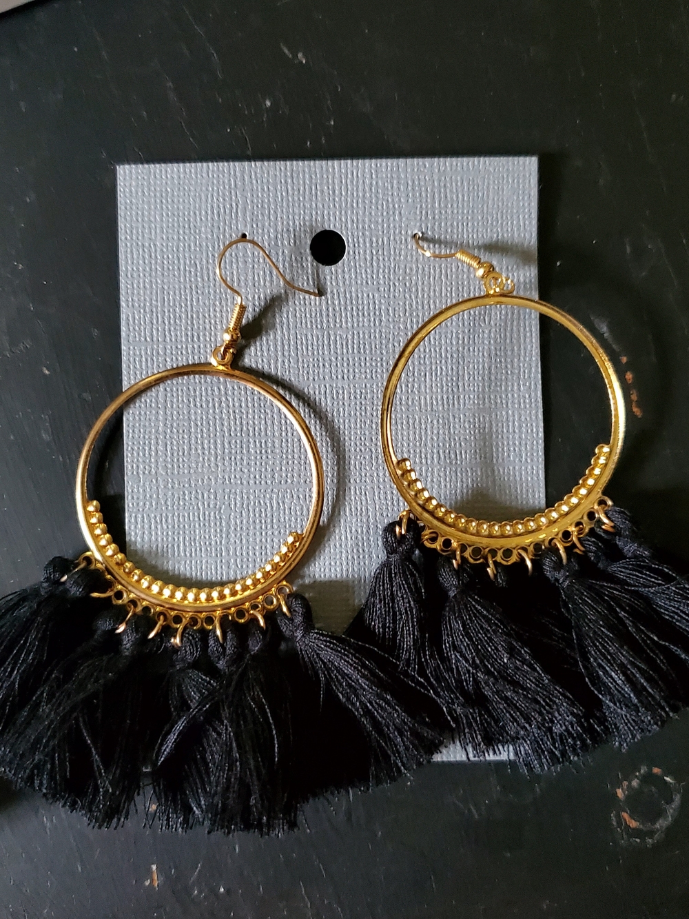 Source Unknown Gold Hoop Earrings with Black Tassels